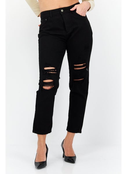 اشتري Women Mom Fit Rip Non Stretchable Jeans, Black في السعودية