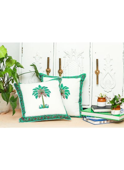 Buy Palm Green Organic Cotton Hand Block Printed Cushion Cover 40 X 40 cm in UAE