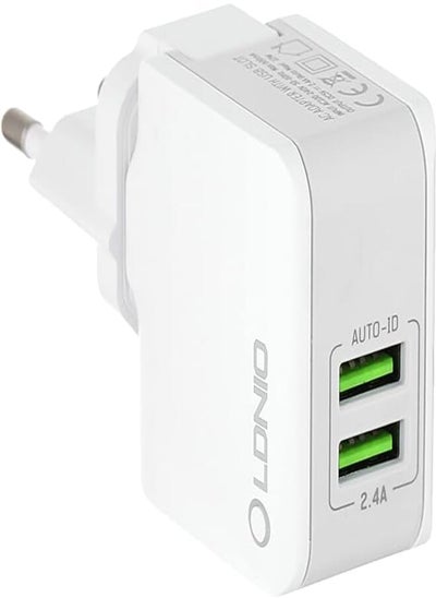 اشتري LDNIO A2203 Travel Charger 2 USB Port AUTO-ID Charger 2.4A 12W With Lightning Cable - White في مصر