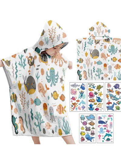 اشتري Kids Hooded Towel for Boys and Girls Soft and Absorbent Beach Towel with Underwater World Tattoo Stickers 75*65cm Soft Cotton Terry Hooded Towel Microfiber Absorbent Soft Bath Towel Whale في الامارات