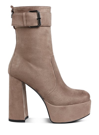 Buy Flared Block Heel Mid-Calf Boots in Taupe in UAE