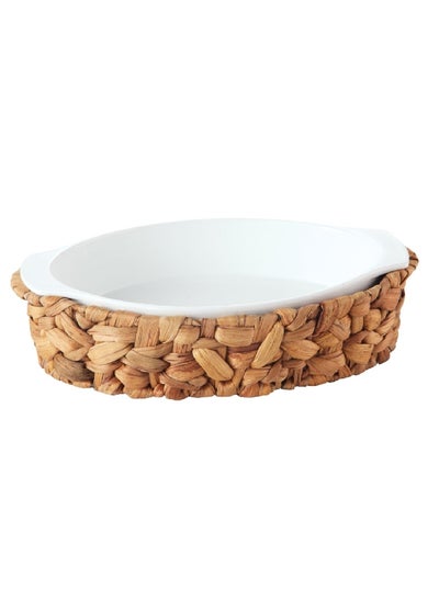 Buy 2-Piece Ceramic Oval Serving Dish With Rattan Basket White And Brown 8.7 X 33 X 21 Cm Hm0607-Pl in Saudi Arabia