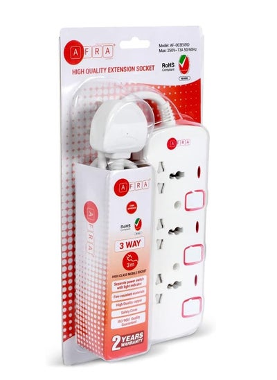 Buy AFRA Japan Universal Extension Cord, 3 Way 3M, 3 Universal Sockets, 3 Meter Cable, Easy Set-Up & Storage, Shock proof, 250V, ESMA, ROHS, and CB Certified with 2 Years Warranty in UAE