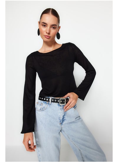 Buy Black Boat Neck Regular Fit Crop Knitted Blouse TWOAW24BZ00156 in Egypt