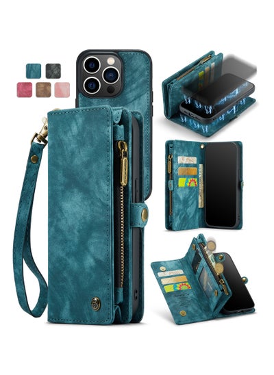 Buy Protective Phone Cover Case Wallet Case For Apple iPhone 14 Pro Max, 2 in 1 Detachable Premium Leather Magnetic Zipper Pouch Wristlet Flip Phone Case (Blue) in UAE