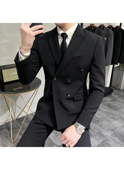 Buy 2024 Korean Slim Fit Youth Suit Set for Men Black [suit white shirt]] in UAE