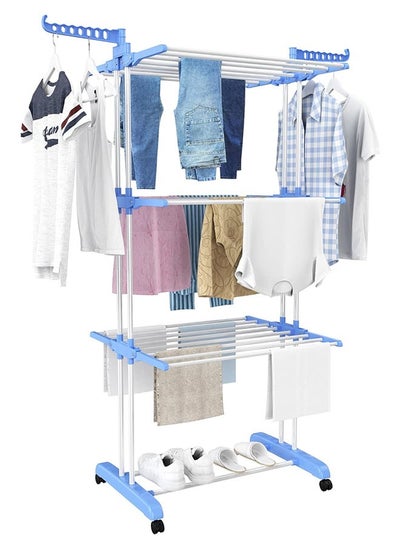 Buy Floor Drying Rack,4 Tiers Foldable Design,Stainless Steel,Indoor and Outdoor Dual-Use Design,Suitable for Drying Adult and Children's Clothes(Blue) in Saudi Arabia