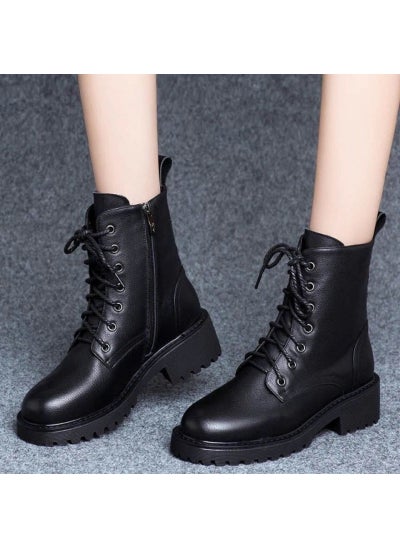 Buy 2024 Chunky Heel Martin Boots Women Comfort Leather Ankleblack plus velvet black plus velvet in UAE