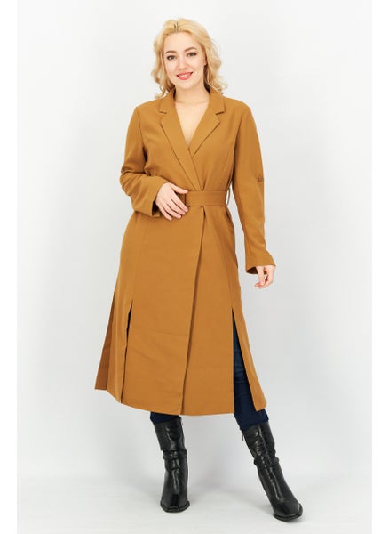 اشتري Women Solid Long Sleeves Belted Trench Coat, Brown في الامارات