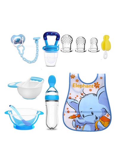 اشتري Baby Feeding Gift Set 12 Pieces Include Silicone Bib,Masher and Bowl,Silicone Pacifier,Fruit Feeder,Brush,Bottle Feeder,Sucker Bowl and Spoon Blue في السعودية