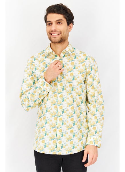 اشتري Men Slim Fit Allover Print Long Sleeve Dress Shirt, White/Yellow/Green في الامارات