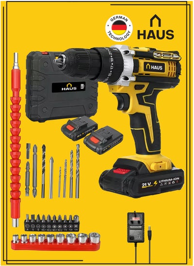 Buy Cordless Hammer Drill Set, 2 Batteries, 34 PCS Drill & Screw bits, Sockets, extension,  Power Hammer Drill for Drilling Metal/Concrete/Wood, 25+3 Torque, 50N.m Max, 3/8" Chuck Electric Drill, 2 Speed, LED Light in Saudi Arabia