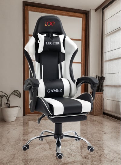 Buy Gaming Chair Adjustable Computer Chair PC Office PU Leather High Back Lumbar Support comfortable armrest Headrest White and Black - Log Electronics in Saudi Arabia