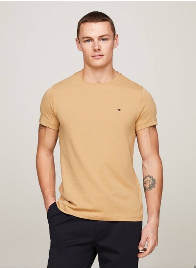 Buy Men's Flag Embroidery Extra Slim Fit T-Shirt -  Stretch cotton, Beige in UAE