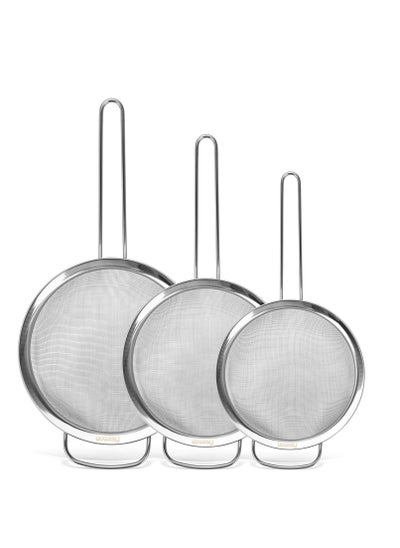 Buy Strainer Sets - 14cm,16cm, 20cm - Stainless Steel Fine Mesh Strainer with Hang Handle - Pack of 3 Kitchen Strainer/Sifter in UAE