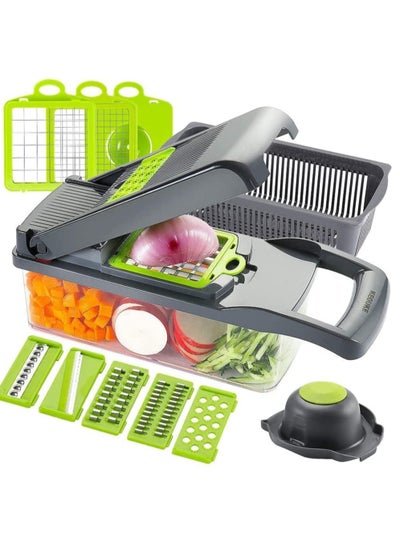 Buy Vegetable Chopper Slicer Dicer - 12 -in -1 Onion Chopper Fruits Cutter Mandoline Slicer Food Chopper/Cutter with 7 Stainless Steel Blades, Adjustable Slicer & Dicer with Storage Container in UAE