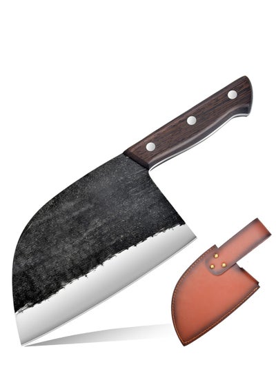 Buy 6.7 Inch Chef Meat Cleaver Full Tang,Serbian Chefs knife Forging Kitchen Knives,Wood Handle Set with Leather Sheath Butcher Knife Outdoor Meat Vegetable Cleaver for Family, BBQ or Camping in UAE