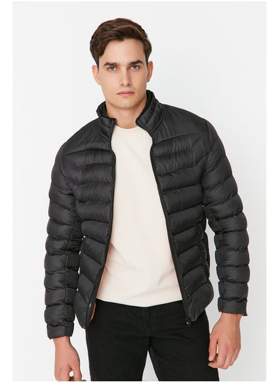 Buy Black Men's Regular Fit Standing Collar Puffy Windproof Coat. in Egypt