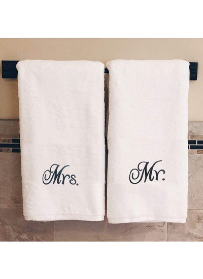 Buy Iris Embroidered For You Bath Towel 70x140 Cm 600 Gsm White premium Cotton Mrs. & Mr. Black Thread-Set of 2 in UAE