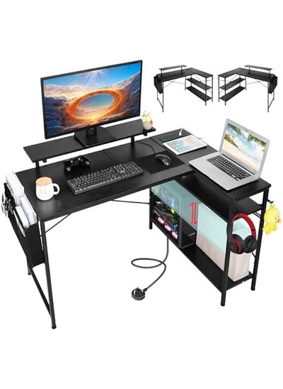 Buy L Shaped Computer Desk, 48 Inch Gaming Table- Study Table with Storage Bag & Monitor Stand, Modern Home Office Desk Corner Desk Laptop Table with Power Outlets Writing Table Easy Assemble (black) in UAE