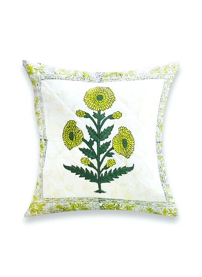 Buy Hand Block Printed Non-Allergic Green Orchid Premium Organic Cotton Quilted Cushion Cover 40 Cm X 40 Cm in UAE