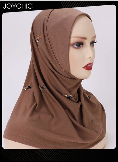 اشتري Crystal Diamond  Decoration Satin Women Muslim  Headwear Wearable Traditional Wear Long Fashion Head Scarf for Ladies All Seasons Hijab Brown في السعودية