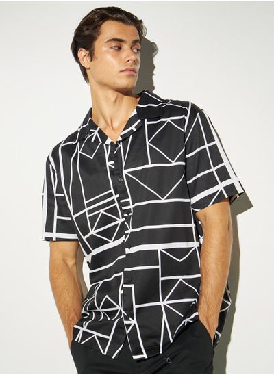 Buy Iconic All-Over Print Shirt with Camp Collar and Short Sleeves in Saudi Arabia