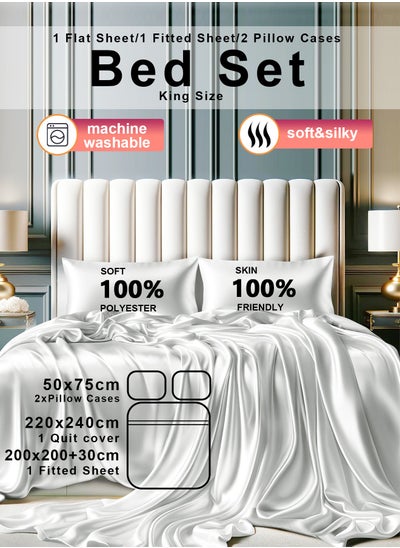 Buy 4 Piece King Sheet & Pillowcase Sets Full Bedding Set 1 Flat Sheet 1 Fitted Sheet  2 Pillow Cases (50*75) Silky Satin white, Solid Color Soft Comfortable Breathable Bedding Mattress Protector Set For Bedroom and Guest Room in Saudi Arabia