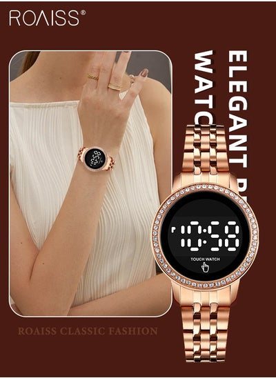 Buy Women's Digital Touch Screen Watch Led Display Round Dial with Rhinestones Decorated Bezel Waterproof Luminous Stainless Steel Strap Wristwatch with Calendar Display, Rose Gold in UAE