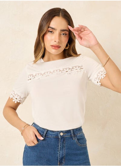 Buy Lace Inset Regular Fit Round Neck T-Shirt in Saudi Arabia