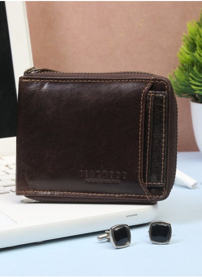 اشتري Genuine  Leather RFID Zipper Wallet with Card Holder Brown for Men في الامارات