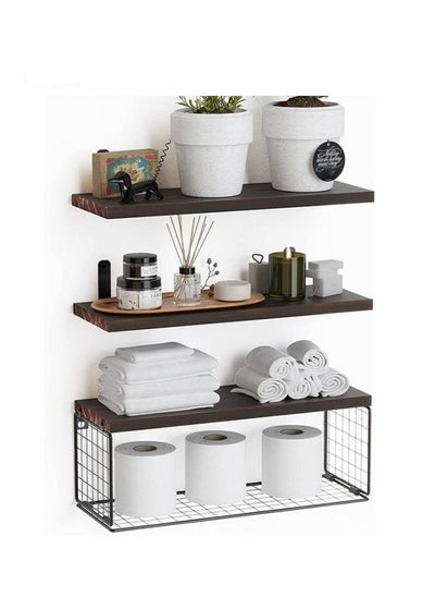 Buy 3-Piece Rustic Wood Wall Mounted Floating Shelves with Paper Storage Basket for Bathroom, Bedroom, Living Room, Kitchen in UAE