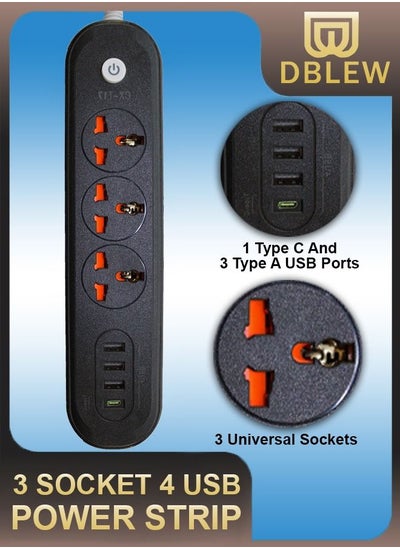 Buy 3 Ways Universal Plugs Sockets And 4 USB Ports Extension Cord Power Strip Lead Fast Charging With 2 Meters Cable in UAE