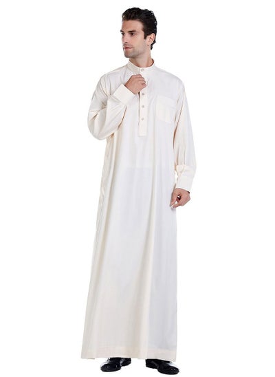 اشتري Mens Solid Color Muslim Clothing Long Sleeve Kaftan Robe With Pockets And Button Islamic Arabic Abaya Clothes Beige في الامارات