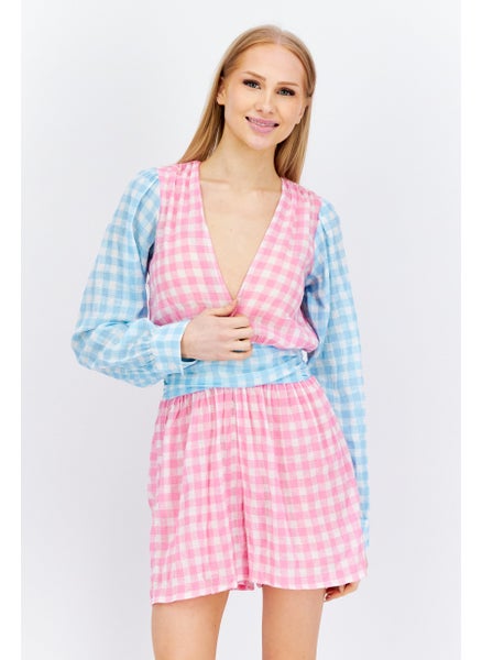 اشتري Women Gingham Pattern Playsuit Beachwear, Pink/Blue Combo في الامارات