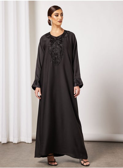 Buy Jersey Abaya With Contrasting Panel And Front Embroidery in Saudi Arabia