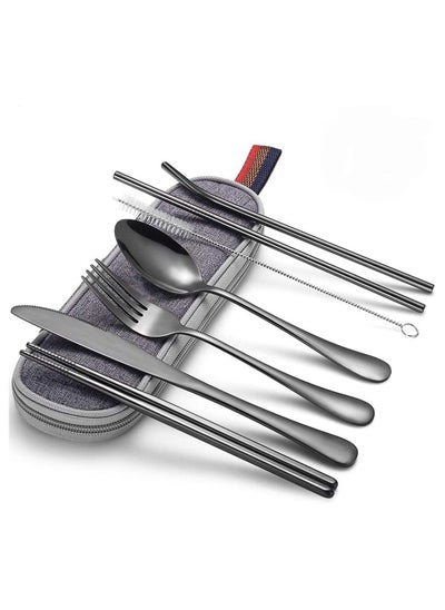 Buy Portable Utensils Travel Camping Cutlery Set including Knife Fork Spoon Chopsticks Cleaning Brush Straws Portable Case Stainless Steel Flatware set in UAE