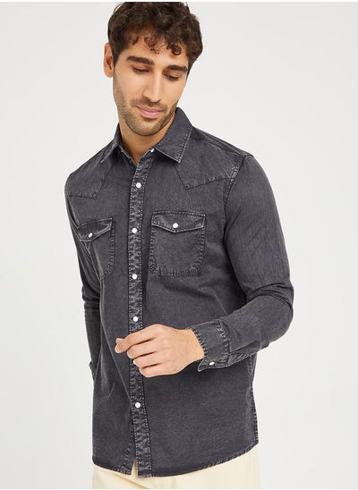 Buy Washed Denim Shirt with Snap Buttons in Saudi Arabia