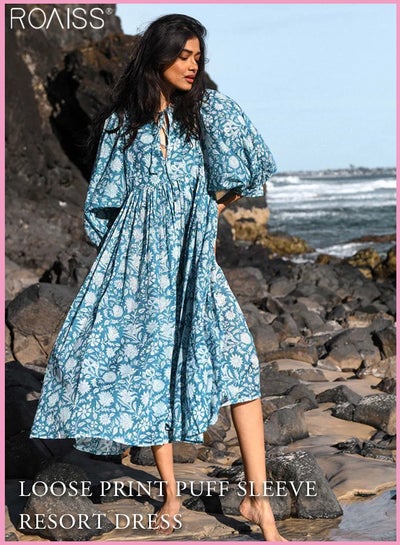 Buy Women's Casual Loose Printed Dress 1/2 Bubble Sleeve Design V-Neck Buckle Vacation Dress High Waistline Design, Large Hem, Fashionable Dress in Saudi Arabia