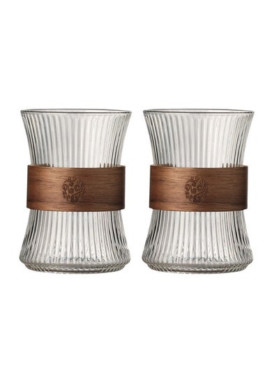 Buy HOOPZOZA Glass Coffee Mug Cup 2PCS With Heat Insulation Wood Chips Tea Cup Mousse Mug 260mL Vertical Stripes in UAE