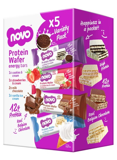 Buy Novo Protein Wafer Energy Bars, 13g Protein, Real Belgian Chocolate - Multipack (4 Flavors), 40g (Pack of 5) in UAE