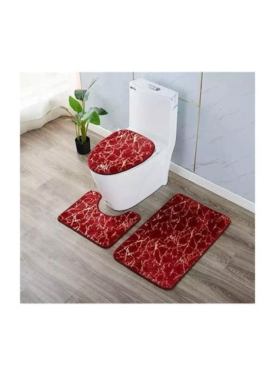 اشتري Marble Texture Bathroom 3Piece Mat Sets Pedestal Mat Lid Toilet Cover Bath Mat Doormat Non Slip Rug Wine Red في مصر