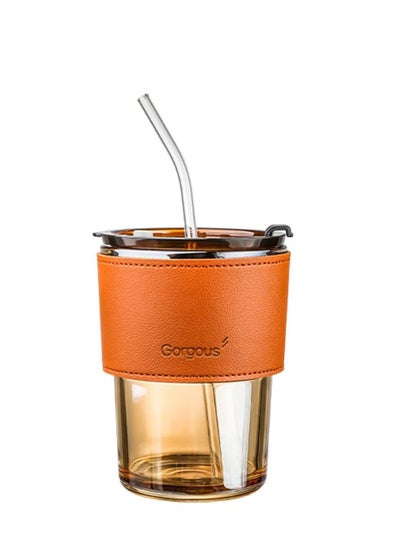 Buy Coffee Cups,Glass Water Bottle with Straw,Glass Tumbler with Leather Case,Iced Coffee Tumbler,Personalized Water Bottle,Gift for Men and Women,Brown 15oz in Saudi Arabia