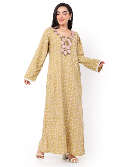 اشتري OLIVE GREEN COLOUR PRINTED AND EMBROIDERED CASUAL ARABIC KAFTAN JALABIYA DRESS في السعودية