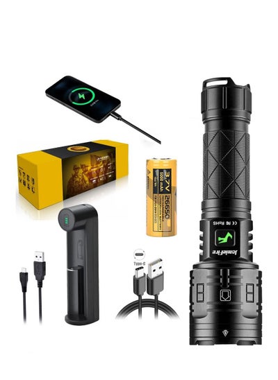 اشتري Rechargeable Flashlight, LED Flashlight 90000 High Lumen, Super Bright Tactical Flashlight, Rechargeable Mobile Phone, XHP160 Zoom Waterproof Flashlight 5 Modes Best for Hiking Hunting Camping في السعودية