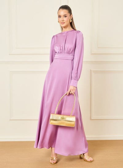Buy Satin Gathered High Neck Long Sleeve A-line Maxi Dress in Saudi Arabia