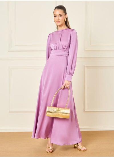 Buy Satin Gathered High Neck Long Sleeve A-line Maxi Dress in Saudi Arabia