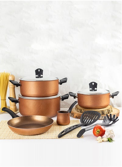 Buy 10-Piece Cookware Set Non-Stick Aluminum With Stainless Steel Lid & Heat Resistant Handle Size 20,24,24,26CM Brown in Saudi Arabia