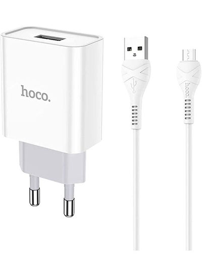 Buy Hoco C81A - Asombroso Single Port Charger, Set With USB-A To Micro-USB Cable (2.1A - 5V - 1M) Compatible with Samsung Xiaomi Huawei Oppo - White in Egypt