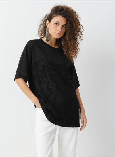 Buy Women's Cotton T-shirt with Floral Embroidery Loose Fit Black in UAE